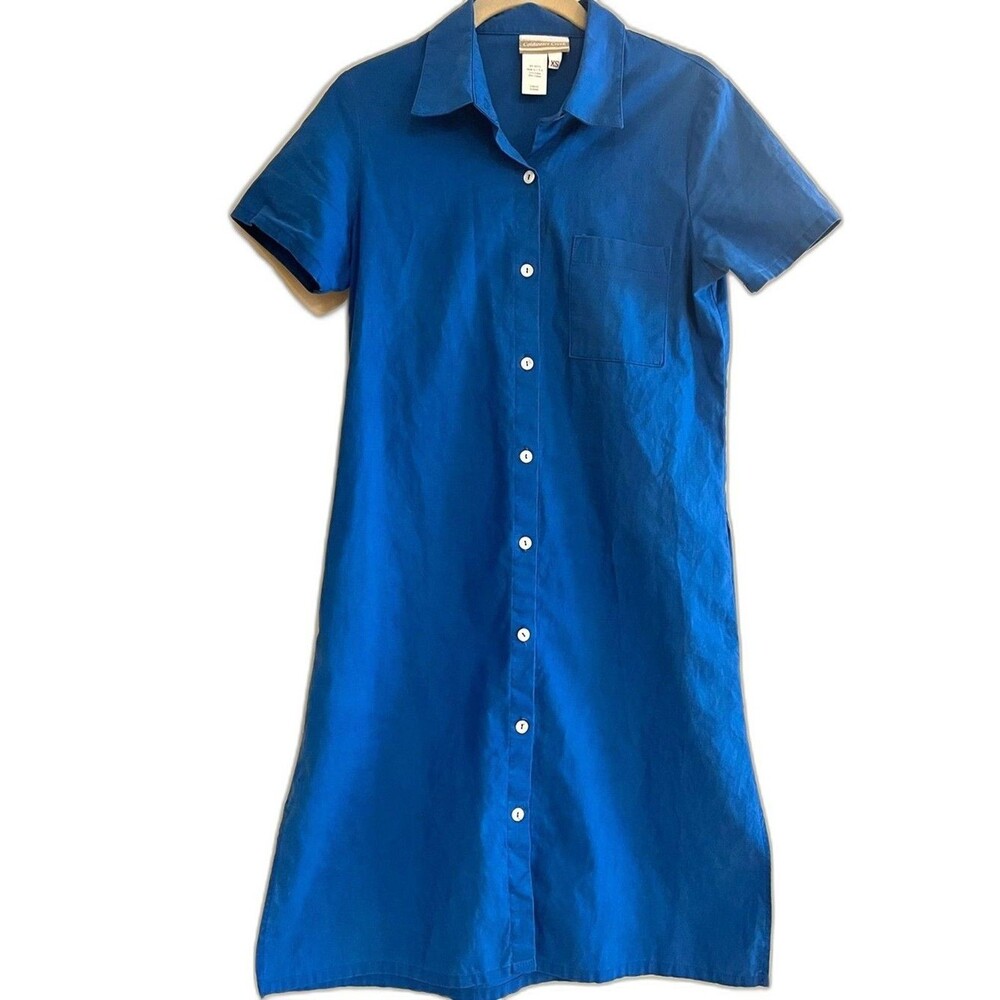 Coldwater Creek Shirt Dress XS Linen Cotton Blend Blue Pockets Multi Style